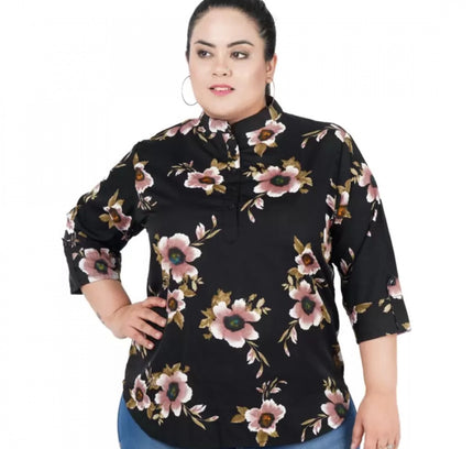 Women's Casual Three Fourth Sleeve Printed Black Top (Color:Black, Material:Poly Crepe)