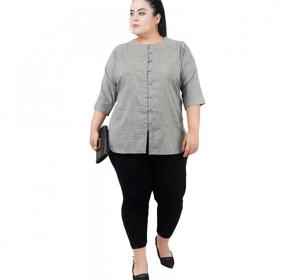 Women's Casual Solid Grey Top (Color:Grey, Material:Cotton Linen Blend)