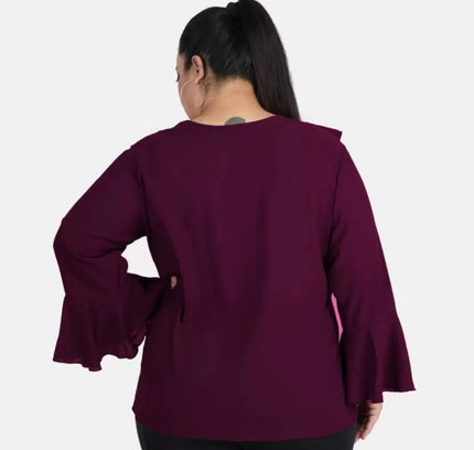 Women's Casual Bell Sleeve Solid Purple Top (Color:Purple, Material:Georgette)