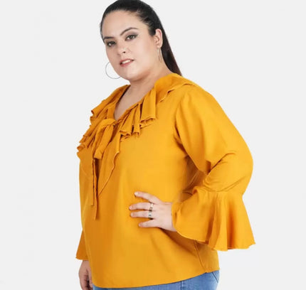 Women's Casual Bell Sleeve Solid Yellow Top (Color:Yellow, Material:Georgette)