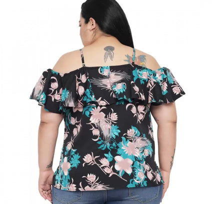 Women's Casual Floral Print Black Top (Color:Black, Material:Polyester)