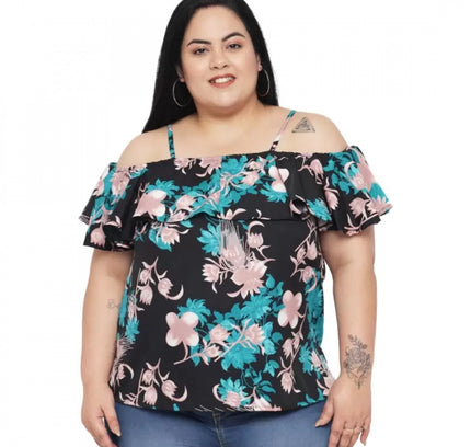 Women's Casual Floral Print Black Top (Color:Black, Material:Polyester)