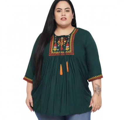 Women's Casual Embroidered Dark Green Top (Color:Dark Green, Material:Rayon)