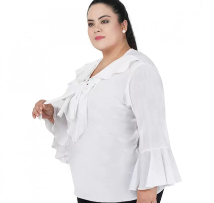 Women's Casual Bell Sleeve Solid White Top (Color:White, Material:Georgette)