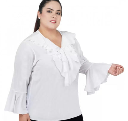 Women's Casual Bell Sleeve Solid White Top (Color:White, Material:Georgette)