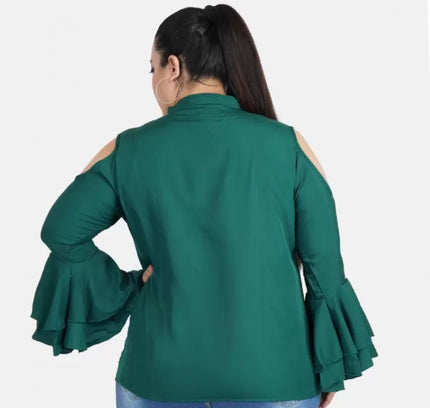 Women's Casual Bell Sleeve Solid Green Top (Color:Green, Material:Crepe)