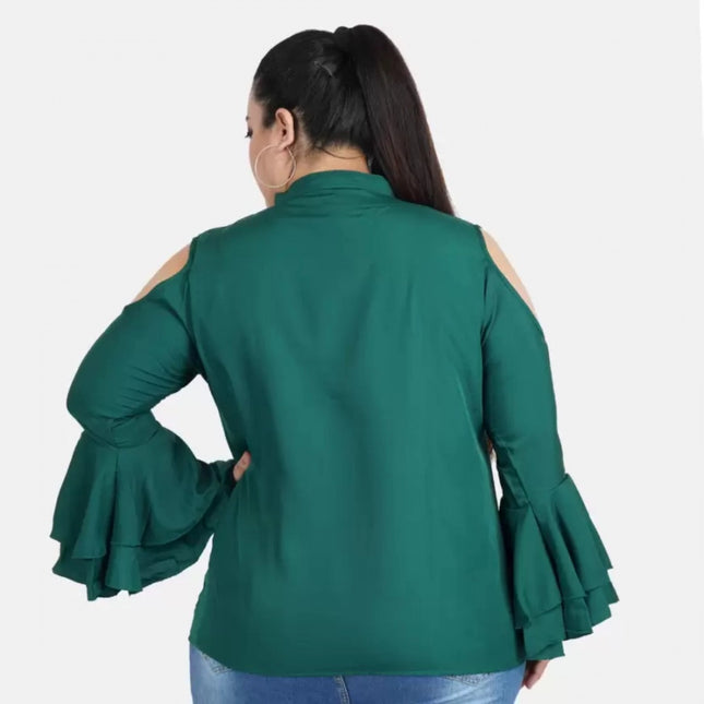 Women's Casual Bell Sleeve Solid Green Top (Color:Green, Material:Crepe)
