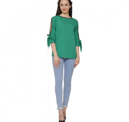 Women's Casual Slit Sleeve Solid Green Top (Color:Green, Material:Poly Crepe)