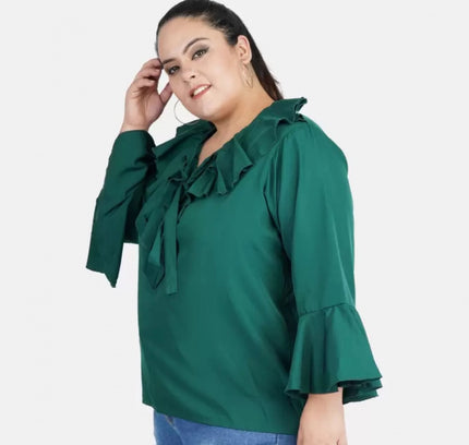 Women's Casual Bell Sleeve Solid Green Top (Color:Green, Material:Georgette)