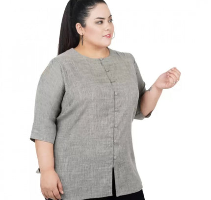 Women's Casual Solid Grey Top (Color:Grey, Material:Cotton Linen Blend)