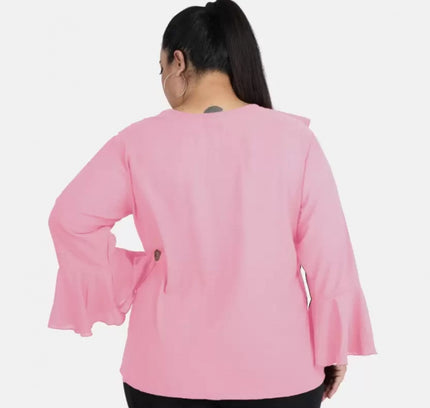 Women's Casual Bell Sleeve Solid Pink Top (Color:Pink, Material:Georgette)