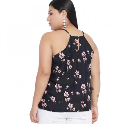 Women's Casual Floral Print Black Top (Color:Black, Material:Polyester)