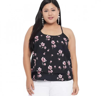 Women's Casual Floral Print Black Top (Color:Black, Material:Polyester)