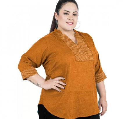 Women's Casual Three Fourth Sleeve Embroidered Yellow Top (Color:Yellow, Material:Cotton Linen Blend)