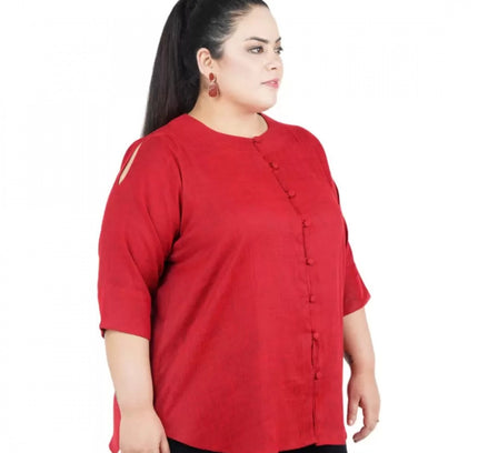 Women's Casual Solid Maroon Top (Color:Maroon, Material:Cotton Linen Blend)
