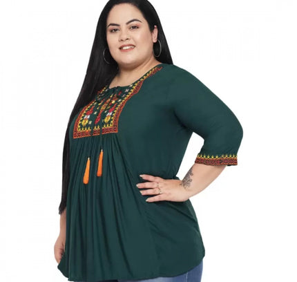 Women's Casual Embroidered Dark Green Top (Color:Dark Green, Material:Rayon)