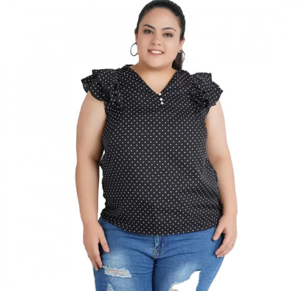 Women's Casual Flutter Sleeve Polka Print Black Top (Color:Black, Material:Crepe)