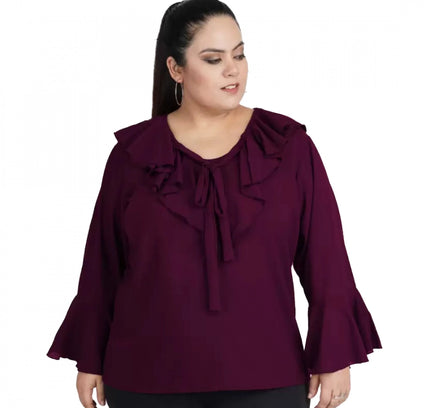 Women's Casual Bell Sleeve Solid Purple Top (Color:Purple, Material:Georgette)