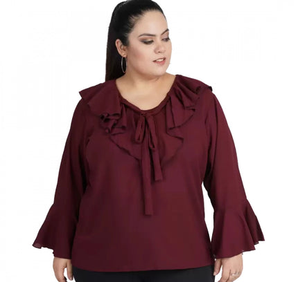 Women's Casual Bell Sleeve Solid Maroon Top (Color:Maroon, Material:Georgette)
