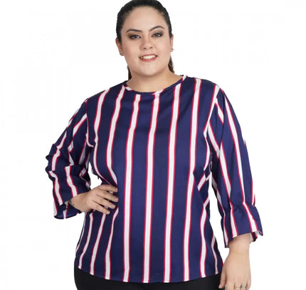 Women's Casual Bell Sleeve Striped Blue Top (Color:Blue, Material:Crepe)