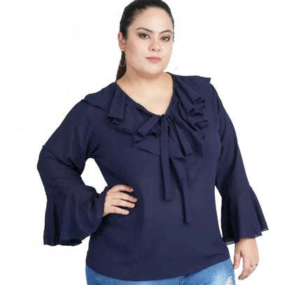Women's Casual Bell Sleeve Solid Blue Top (Color:Blue, Material:Georgette)