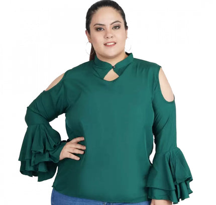 Women's Casual Bell Sleeve Solid Green Top (Color:Green, Material:Crepe)