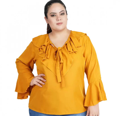 Women's Casual Bell Sleeve Solid Yellow Top (Color:Yellow, Material:Georgette)