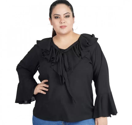 Women's Casual Bell Sleeve Solid Black Top (Color:Black, Material:Georgette)