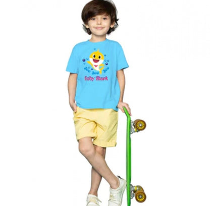 Boys Cotton Baby Shark Half Sleeve TShirt (Blue)