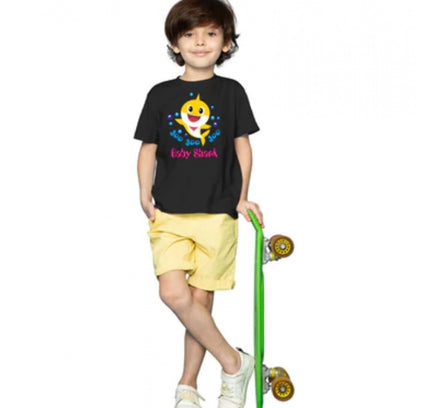 Boys Cotton Baby Shark Half Sleeve TShirt (Black)