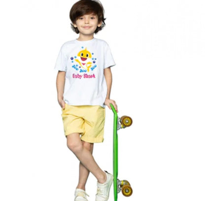 Boys Cotton Baby Shark Half Sleeve TShirt (White)
