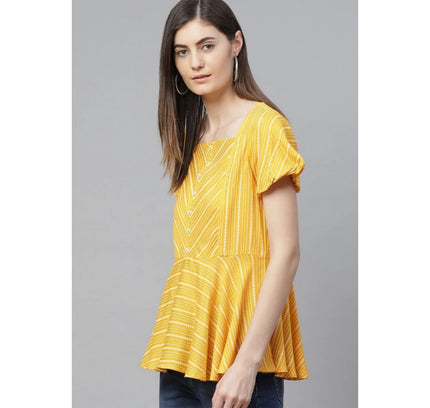 Women's Casual Short Sleeves Stripe Printed Rayon Top (Mustard)