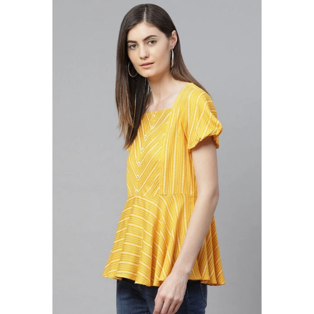 Women's Casual Short Sleeves Stripe Printed Rayon Top (Mustard)