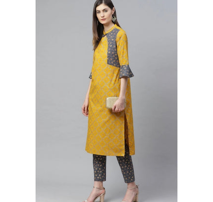 Women's Casual Bell Sleeves Geomatrical Printed Cotton Kurti Set (Yellow)