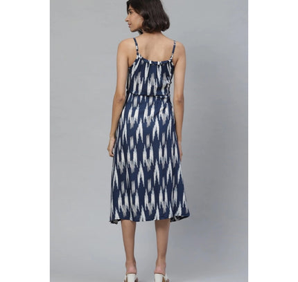 Women's Casual Sleeveless Ikat Print Rayon Dress (Blue)
