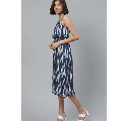 Women's Casual Sleeveless Ikat Print Rayon Dress (Blue)