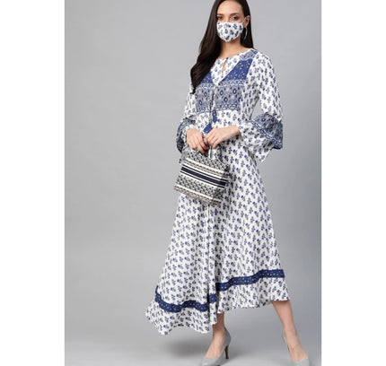 Women's Casual Bell Sleeve Floral Printed Rayon Dress (White &amp; Blue)