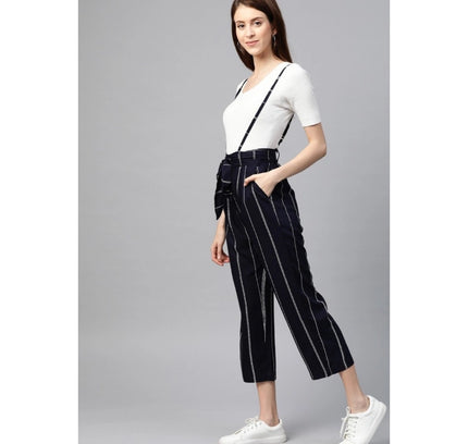 Women's Casual Short Sleeve Striped Rayon Dungaree (Blue)