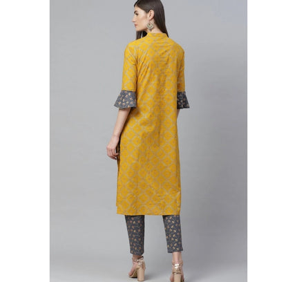 Women's Casual Bell Sleeves Geomatrical Printed Cotton Kurti Set (Yellow)