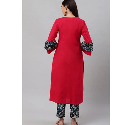 Women's Casual Bell Sleeves Floral Printed Cotton Kurti Set (Rani Pink)