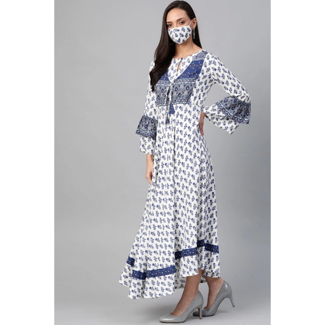 Women's Casual Bell Sleeve Floral Printed Rayon Dress (White &amp; Blue)