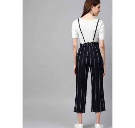 Women's Casual Short Sleeve Striped Rayon Dungaree (Blue)