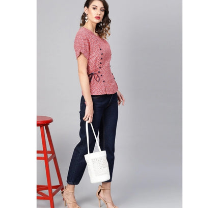 Women's Casual Short Sleeve Geometric Rayon Top (Red)