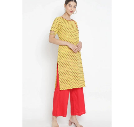 Women's Casual Short Sleeves Floral Printed Cotton &amp; Rayon Kurti Palazzo Set (Yellow &amp; Red)
