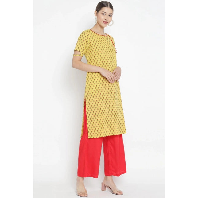 Women's Casual Short Sleeves Floral Printed Cotton &amp; Rayon Kurti Palazzo Set (Yellow &amp; Red)