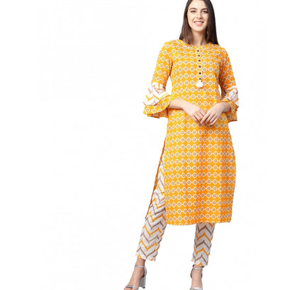 Women's Casual 3/4 th Sleeve Floral Printed Cotton Kurti Set (Mustard)