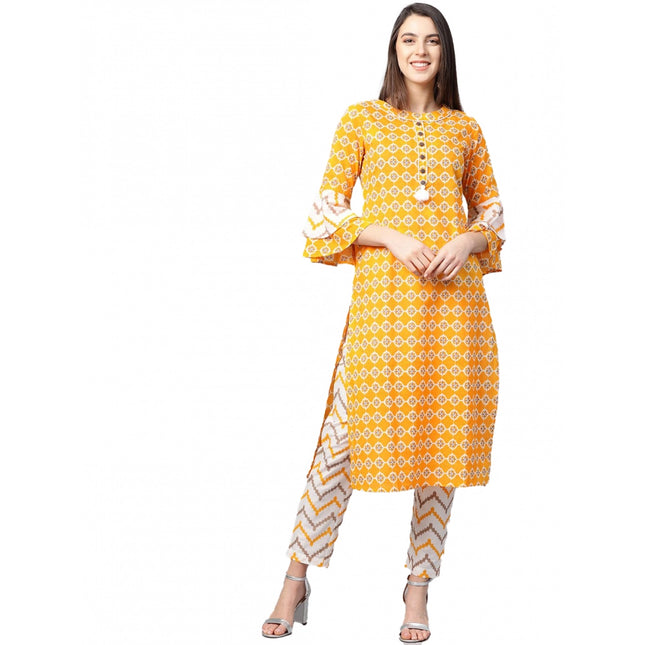 Women's Casual 3/4 th Sleeve Floral Printed Cotton Kurti Set (Mustard)