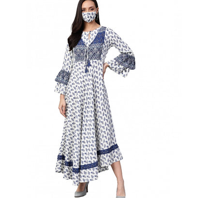 Women's Casual Bell Sleeve Floral Printed Rayon Dress (White &amp; Blue)