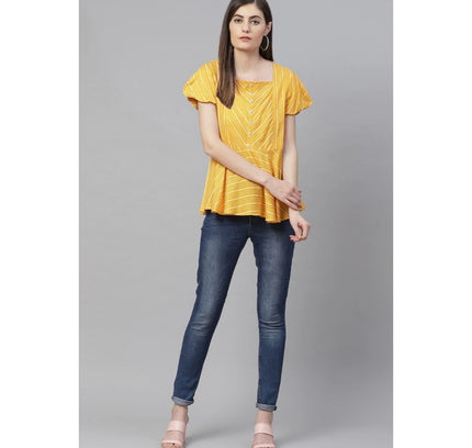 Women's Casual Short Sleeves Stripe Printed Rayon Top (Mustard)