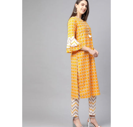 Women's Casual 3/4 th Sleeve Floral Printed Cotton Kurti Set (Mustard)